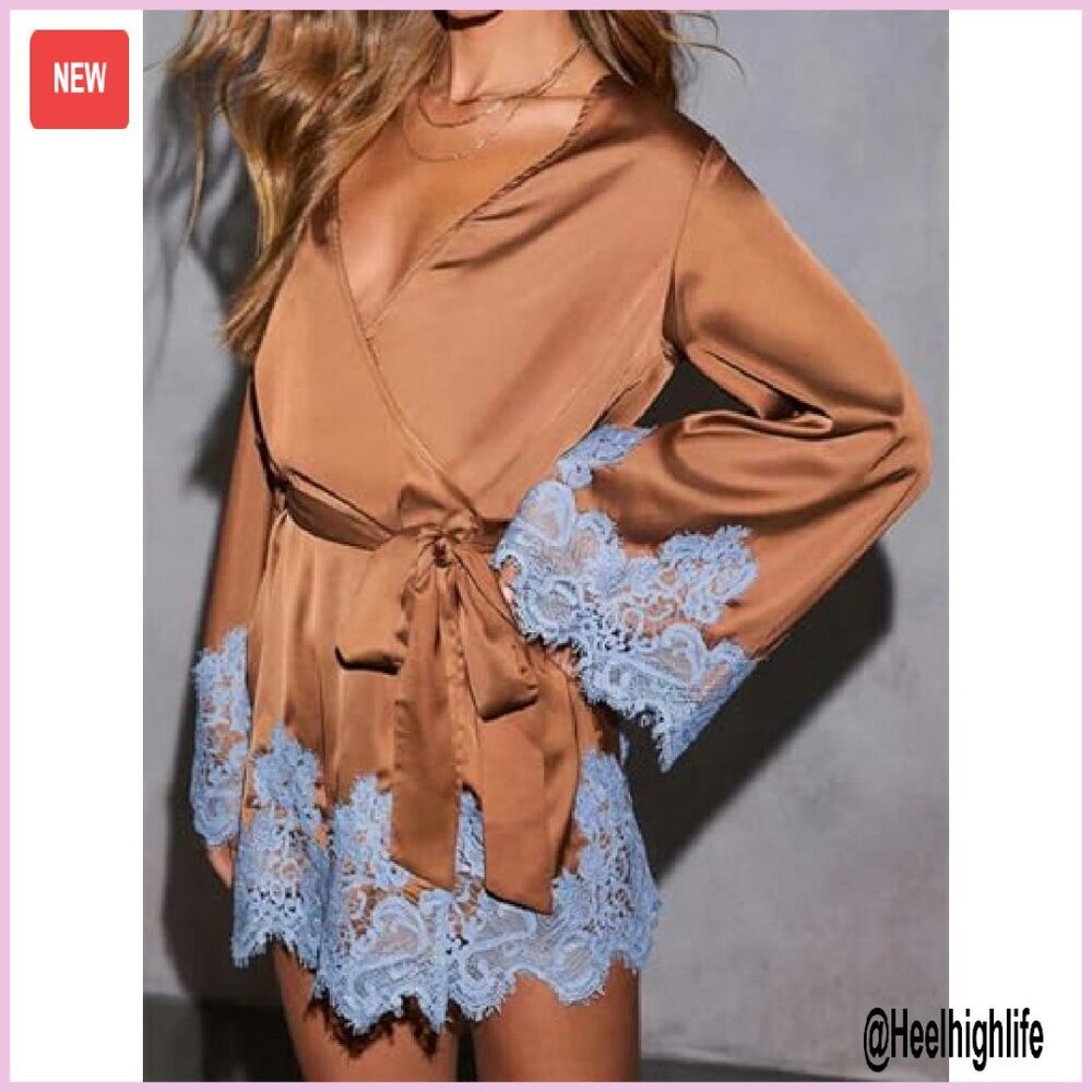 Satin Wrap Mini Dress with Lace Trim Bell Sleeves for Party Wedding - Picture 3 of 7